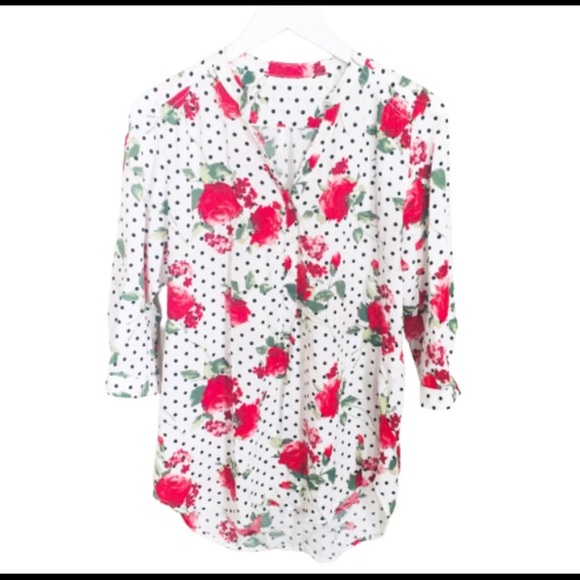 MARSHALLS/WINNERS Rose Polka Dot Blouse With Crop Sleeve Length Ivory Sz Medium - Picture 4 of 7